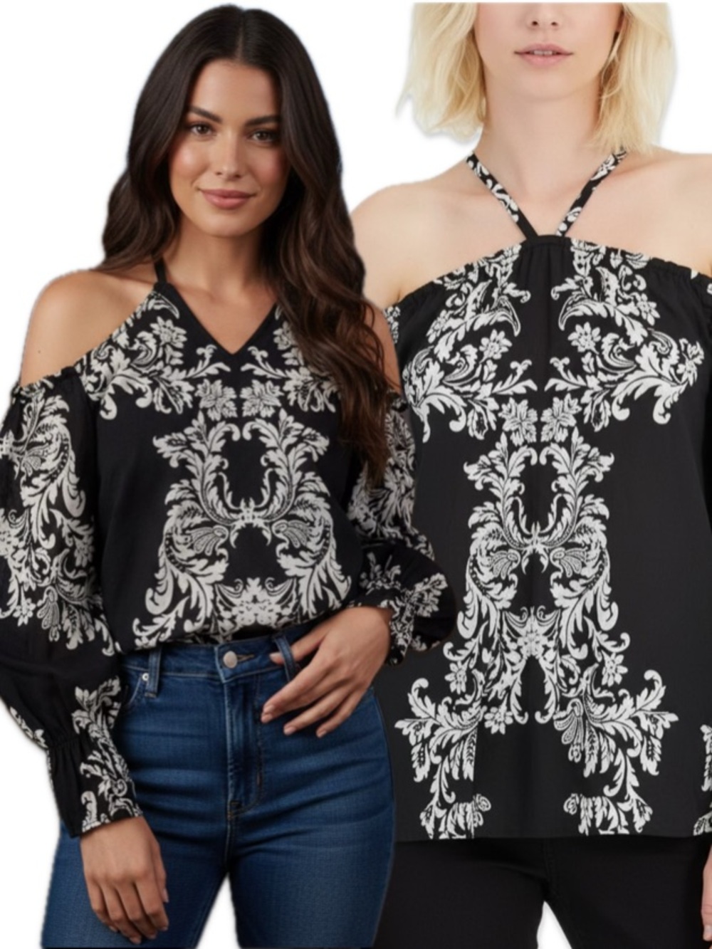 INC International Concepts Black Ornate Floral Off Shoulder Convertible Blouse M